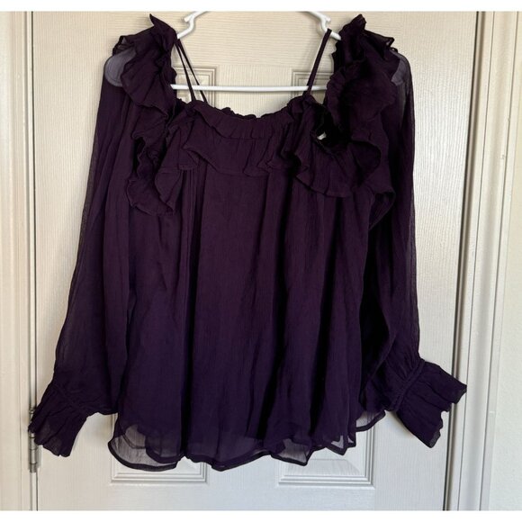 By Anthropologie Sheer Ruffled Blouse dark purple Women's Size Medium /j2 - Picture 4 of 8